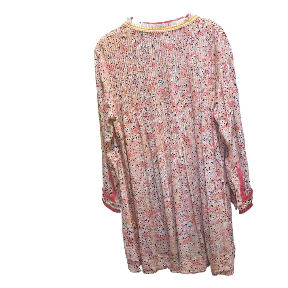 Poupette St Barth Mini Dress M Pink Orange Floral Fringe Pintuck V-Neck Boho - Picture 4 of 8